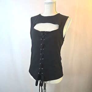 IB I Believe Junior's 2XL Black Sleeveless Lace-Up Crop Top Cami Vest Open Chest